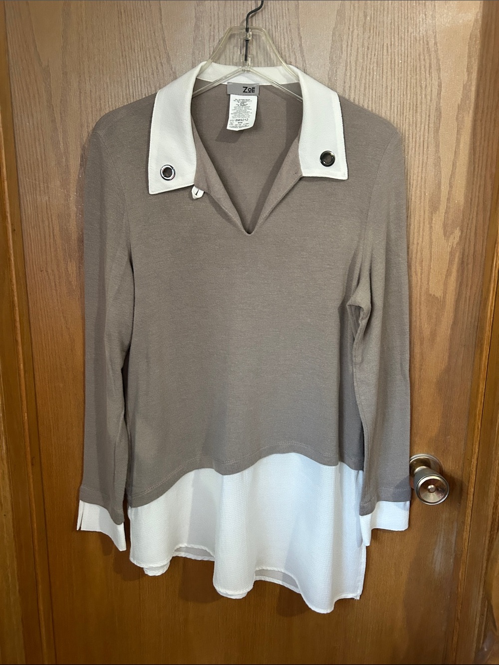Zoe Taupe and White Layered Collar Knit Top